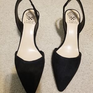 Black suede sling-back heels
